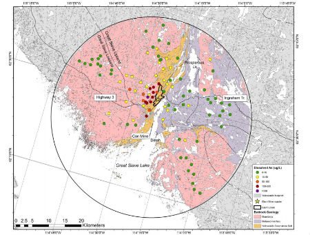 Concentrations of dissolved arsenic in surface water of lakes within a 30 km radius of Yellowknife (GNWT).